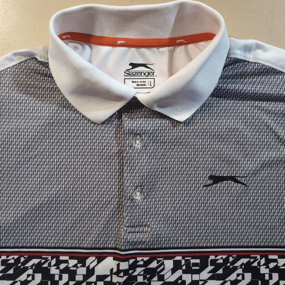 Slazenger Golf Polo Shirt Sz L White And Black Cool Design‎ T4